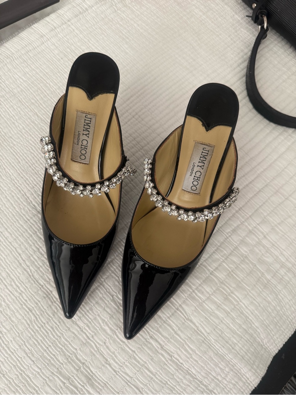Jimmy Choo Black Patent Pointed Mules with Crystal Embellished Strap 39